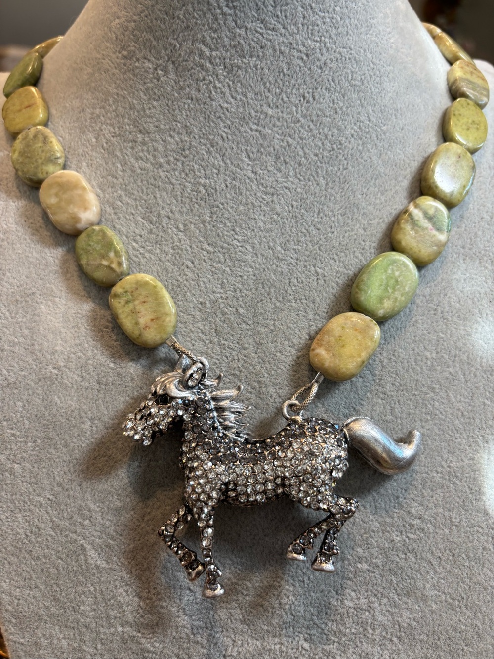 Crystal Horse Pendant Necklace with Green Stone Beads